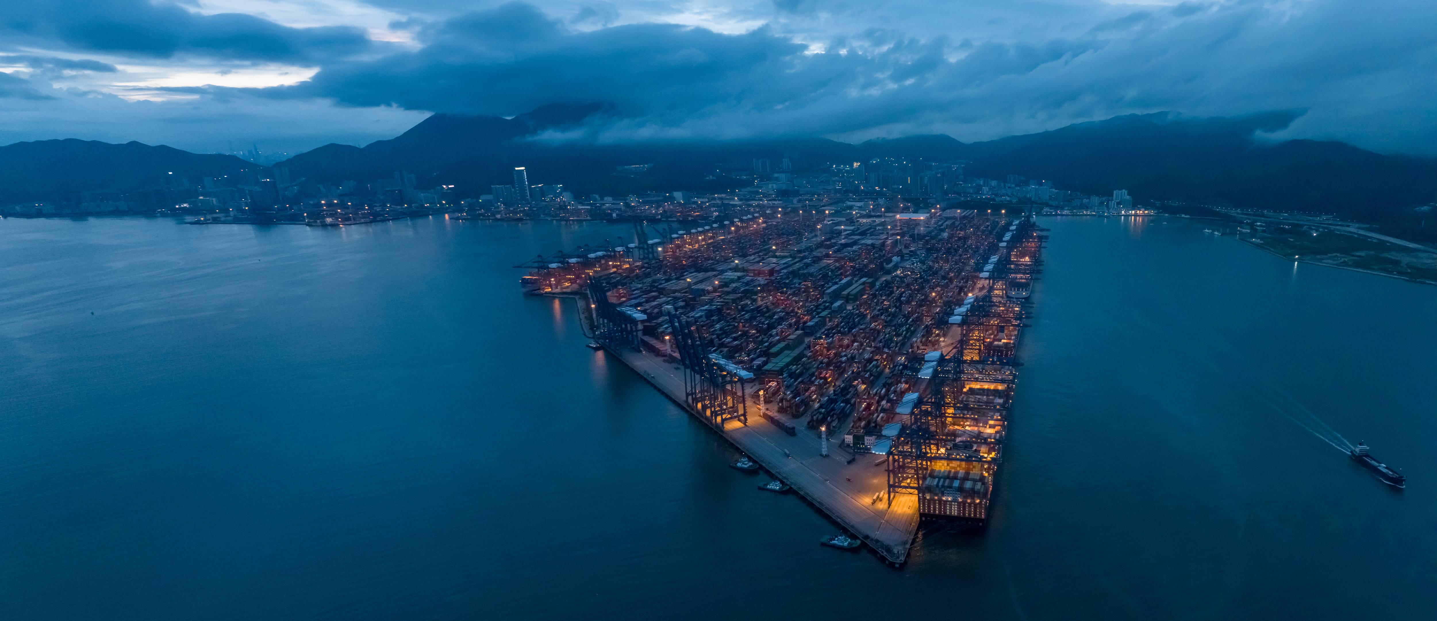 aerial view of container terminal at night